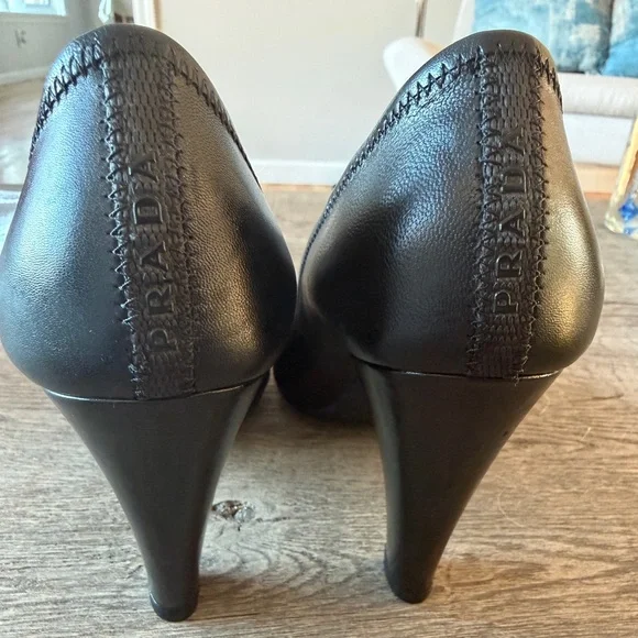 Prada Black Leather Buckle Heels Peep Toe Rare Vintage / EU 41 - Picture 7 of 14